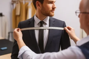 Tailor measuring man's chest for custom suit fit
