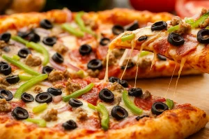 Cheesy supreme pizza slice with fresh toppings 