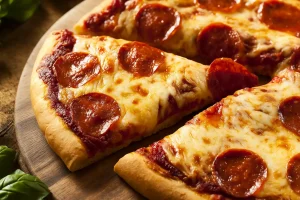 Pepperoni pizza slices on wooden board