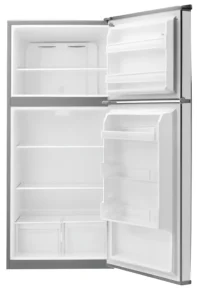 Open Whirlpool top freezer refrigerator interior.
