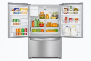 Open Whirlpool Refrigerator with organized interior.