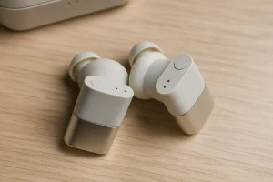 White wireless earbuds on table