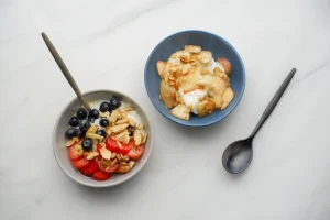 Frozen Yogurt Toppings with fresh fruits and nuts