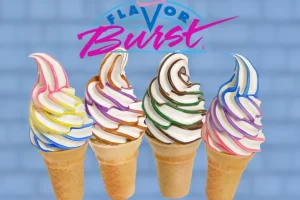 Four soft serve Flavor Burst ice cream cones
