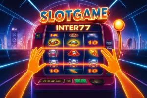 Futuristic slot machine labeled with SlotGame Inter77