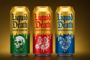 Liquid death tea trio on a gold gradient background