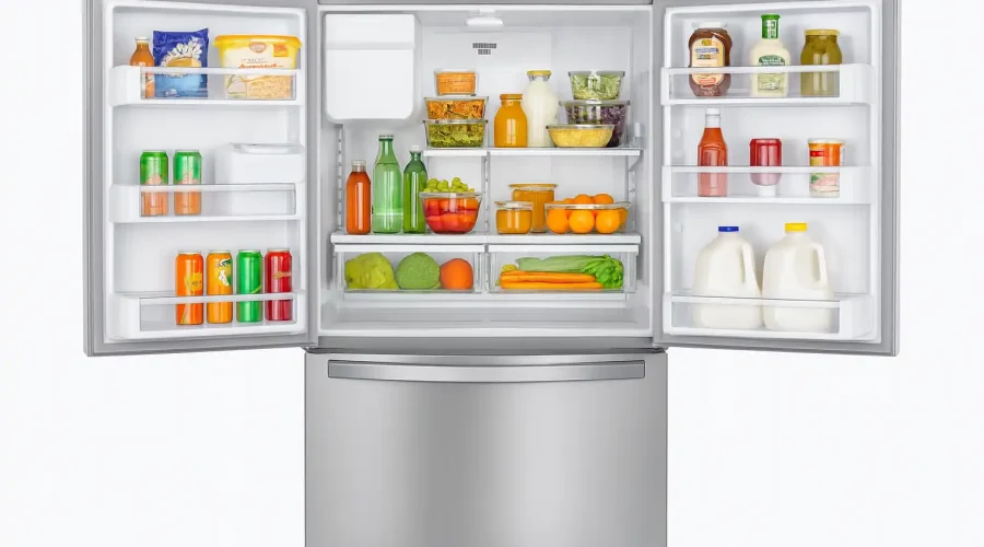 Open Whirlpool Refrigerator with organized interior.